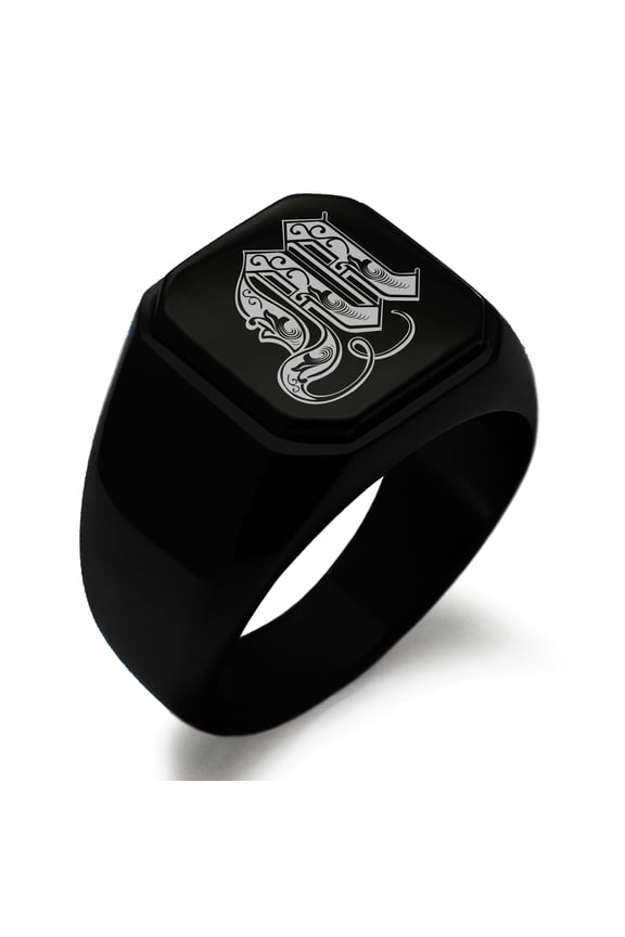 Stainless Steel Letter M Initial Royal Monogram Engraved Engraved Square Flat Top Biker Style Polished Signet Ring