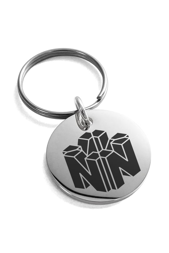Stainless Steel Letter N Initial 3D Cube Box Monogram Engraved Small Medallion Circle Charm Keychain Keyring