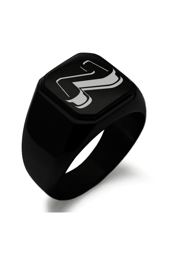 Stainless Steel Letter N Initial 3D Monogram Engraved Square Flat Top Biker Style Polished Signet Ring