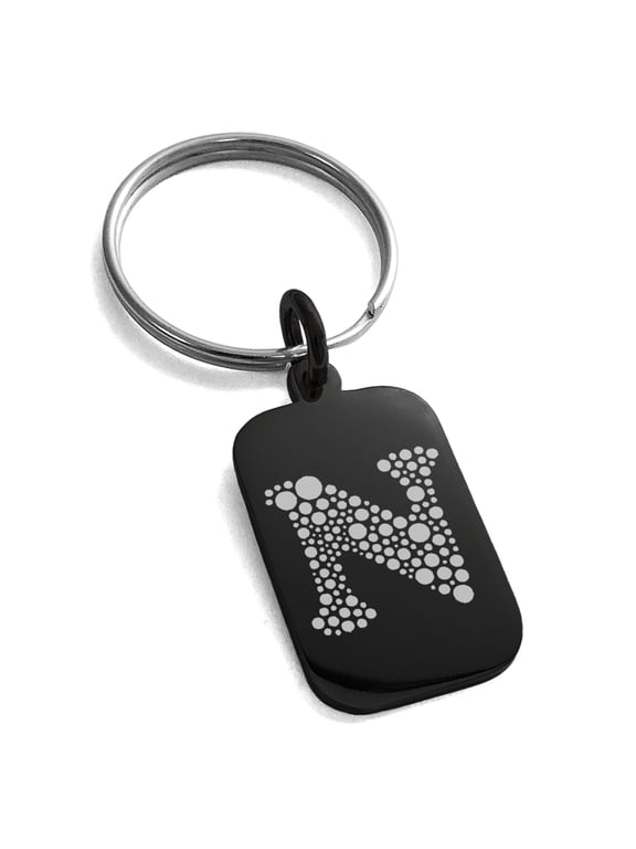 Stainless Steel Letter N Initial Dotted Monogram Engraved Small Rectangle Dog Tag Charm Keychain Keyring