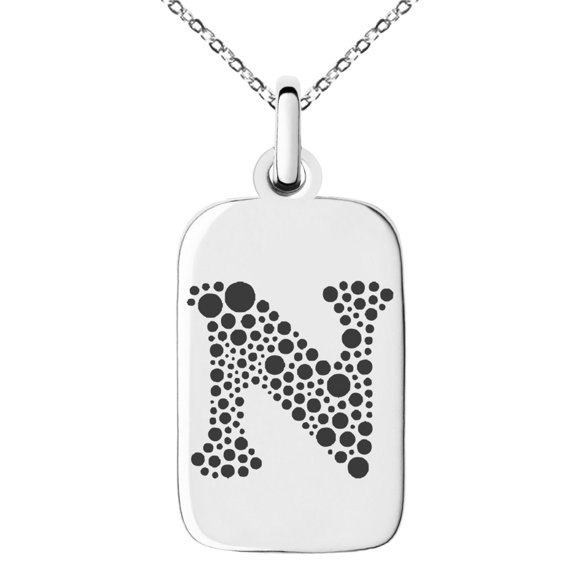 Stainless Steel Letter N Initial Dotted Monogram Engraved Small Rectangle Dog Tag Charm Pendant Necklace