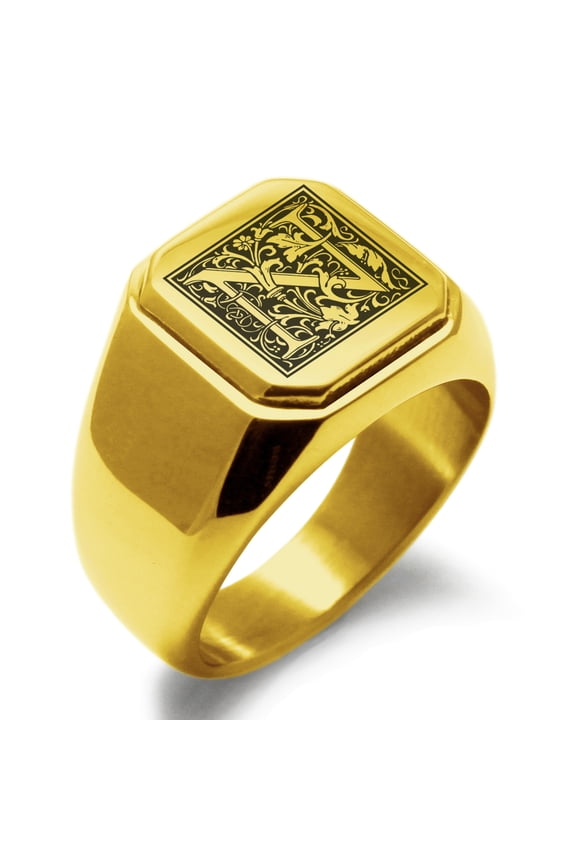 Stainless Steel Letter N Initial Floral Box Monogram Engraved Engraved Square Flat Top Biker Style Polished Signet Ring