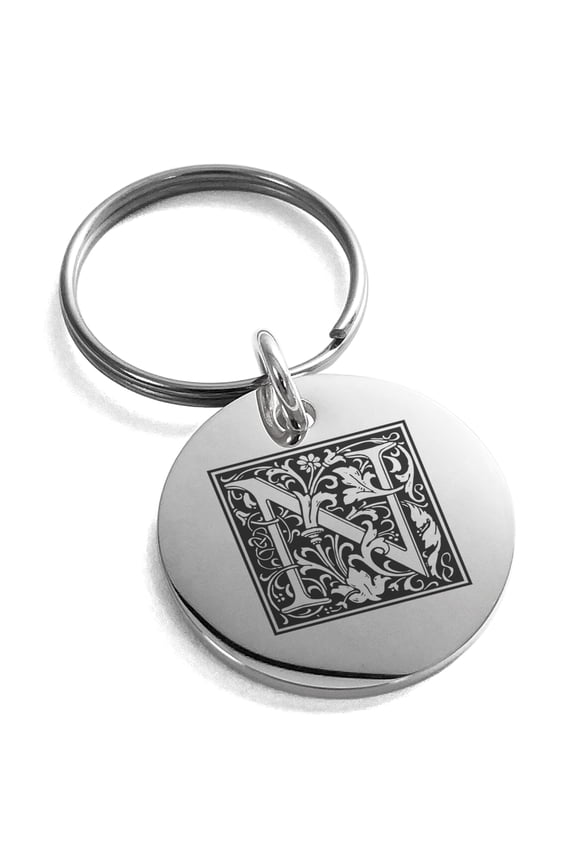 Stainless Steel Letter N Initial Floral Box Monogram Engraved Small Medallion Circle Charm Keychain Keyring