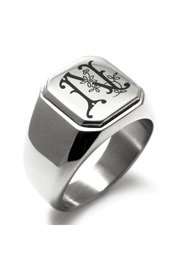 Stainless Steel Letter N Initial Floral Monogram Engraved Engraved Square Flat Top Biker Style Polished Signet Ring