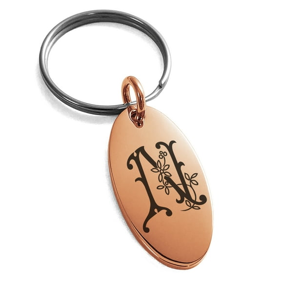 Stainless Steel Letter N Initial Floral Monogram Engraved Small Oval Charm Keychain Keyring