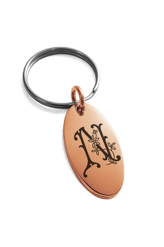 Stainless Steel Letter N Initial Floral Monogram Engraved Small Oval Charm Keychain Keyring