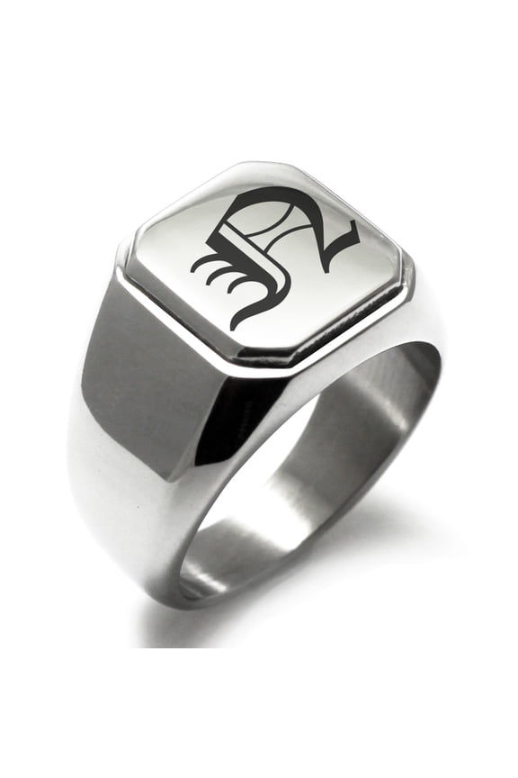 Stainless Steel Letter N Initial Old English Monogram Engraved Engraved Square Flat Top Biker Style Polished Signet Ring