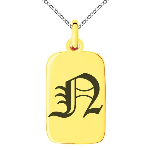 Tioneer Stainless Steel Letter N Initial Old English Monogram Engraved Small Rectangle Dog Tag Charm Pendant Necklace