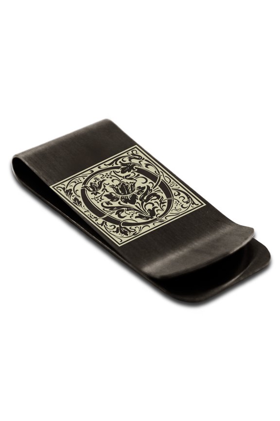 Stainless Steel Letter O Initial Floral Box Monogram Engraved Engraved Money Clip Credit Card Holder