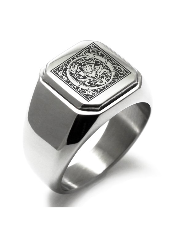Stainless Steel Letter O Initial Floral Box Monogram Engraved Engraved Square Flat Top Biker Style Polished Signet Ring