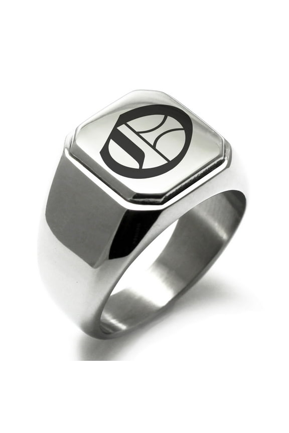 Stainless Steel Letter O Initial Old English Monogram Engraved Engraved Square Flat Top Biker Style Polished Signet Ring