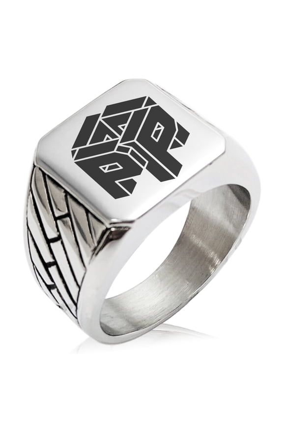 Stainless Steel Letter P Alphabet Initial 3D Cube Box Monogram Geometric Pattern Biker Style Polished Ring