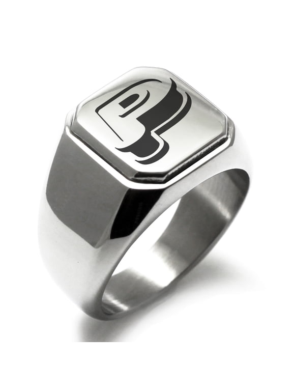 Stainless Steel Letter P Initial 3D Monogram Engraved Engraved Square Flat Top Biker Style Polished Signet Ring