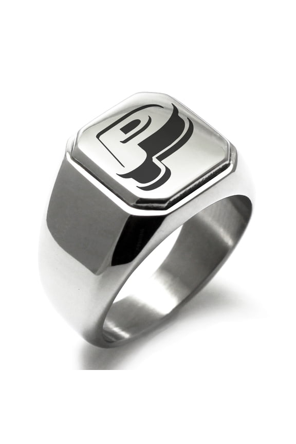 Stainless Steel Letter P Initial 3D Monogram Engraved Engraved Square Flat Top Biker Style Polished Signet Ring
