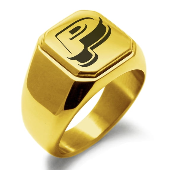 Stainless Steel Letter P Initial 3D Monogram Engraved Engraved Square Flat Top Biker Style Polished Signet Ring