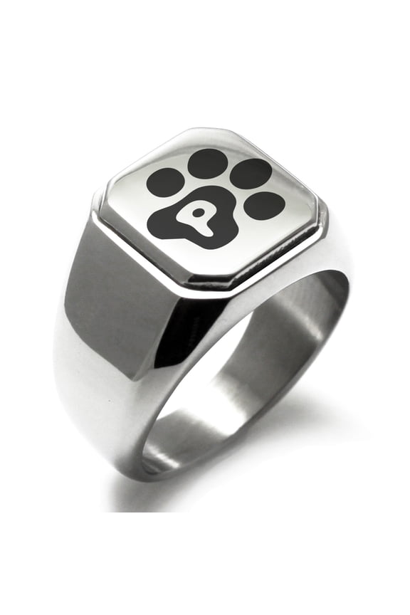 Stainless Steel Letter P Initial Cat Dog Paws Monogram Engraved Square Flat Top Biker Style Polished Signet Ring