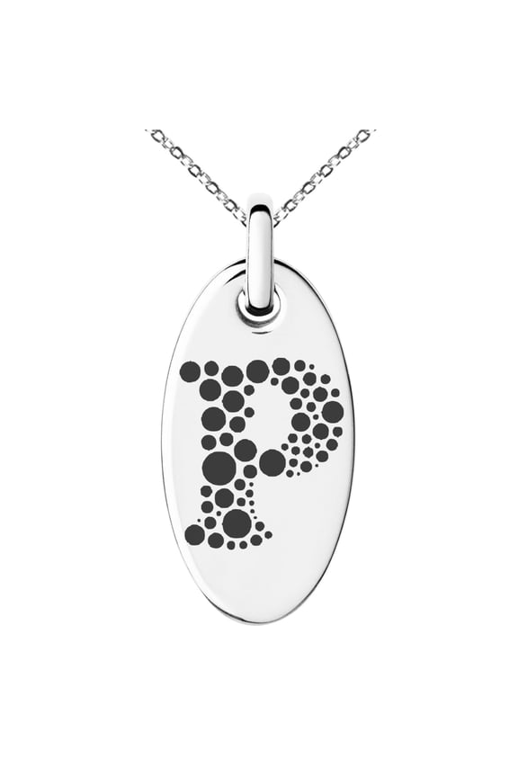 Stainless Steel Letter P Initial Dotted Monogram Engraved Small Oval Charm Pendant Necklace