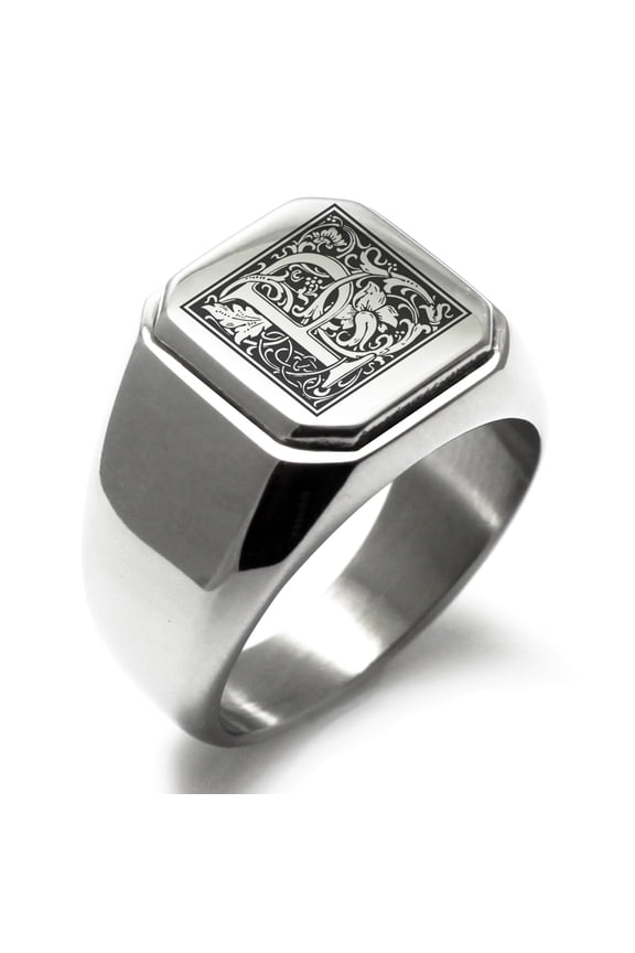 Stainless Steel Letter P Initial Floral Box Monogram Engraved Engraved Square Flat Top Biker Style Polished Signet Ring