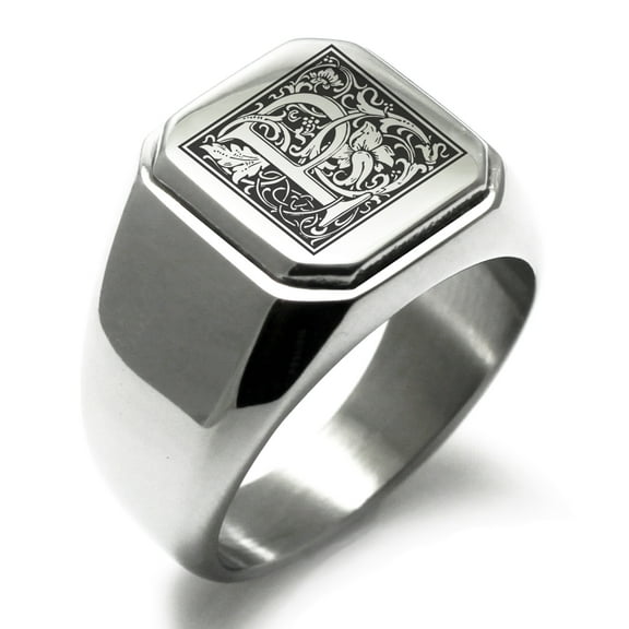 Stainless Steel Letter P Initial Floral Box Monogram Engraved Engraved Square Flat Top Biker Style Polished Signet Ring