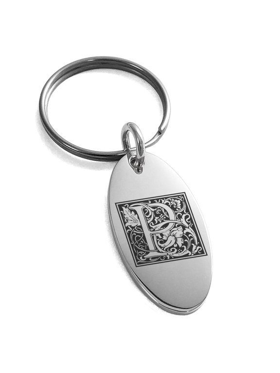 Stainless Steel Letter P Initial Floral Box Monogram Engraved Small Oval Charm Keychain Keyring