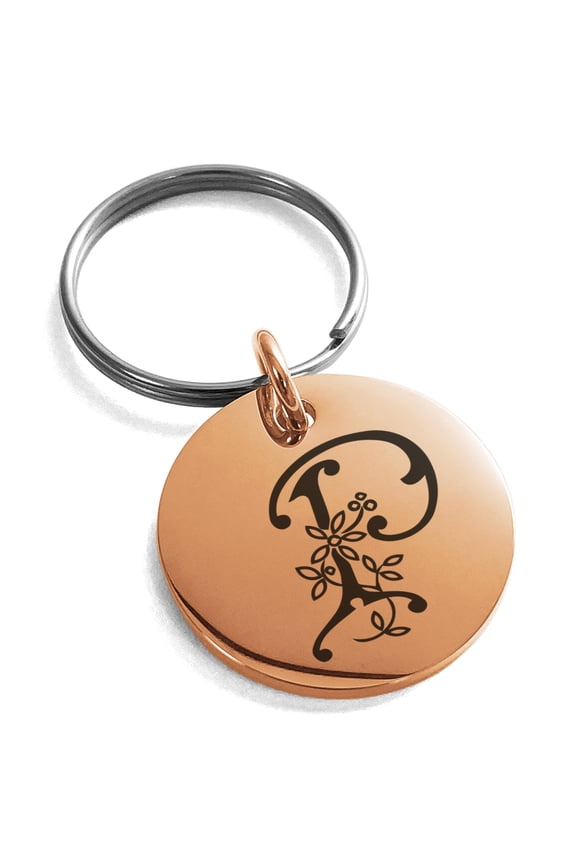 Stainless Steel Letter P Initial Floral Monogram Engraved Small Medallion Circle Charm Keychain Keyring