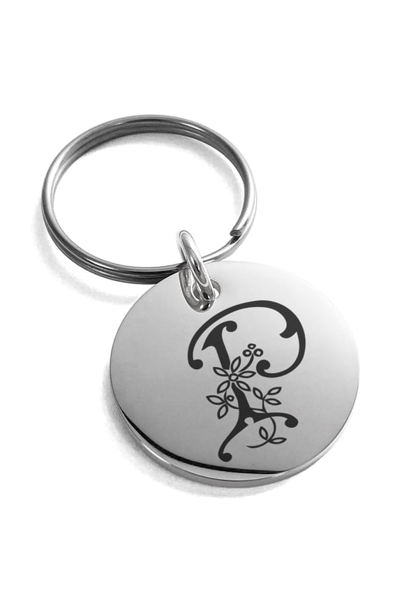 Stainless Steel Letter P Initial Floral Monogram Engraved Small Medallion Circle Charm Keychain Keyring