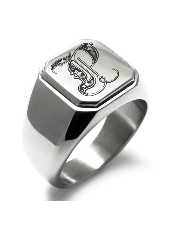 Stainless Steel Letter P Initial Royal Monogram Engraved Engraved Square Flat Top Biker Style Polished Signet Ring