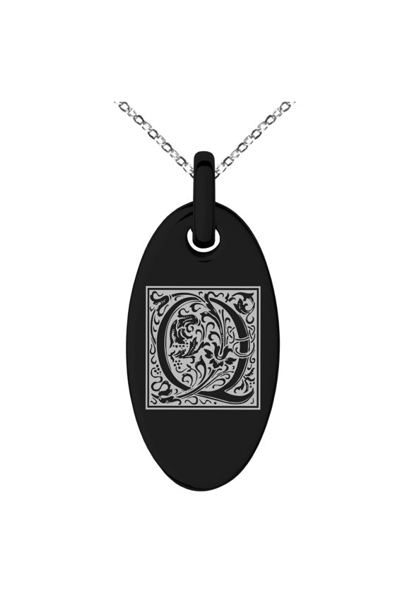 Stainless Steel Letter Q Initial Floral Box Monogram Engraved Small Oval Charm Pendant Necklace
