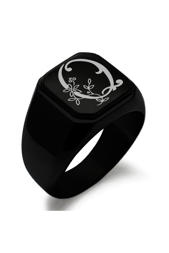 Stainless Steel Letter Q Initial Floral Monogram Engraved Engraved Square Flat Top Biker Style Polished Signet Ring