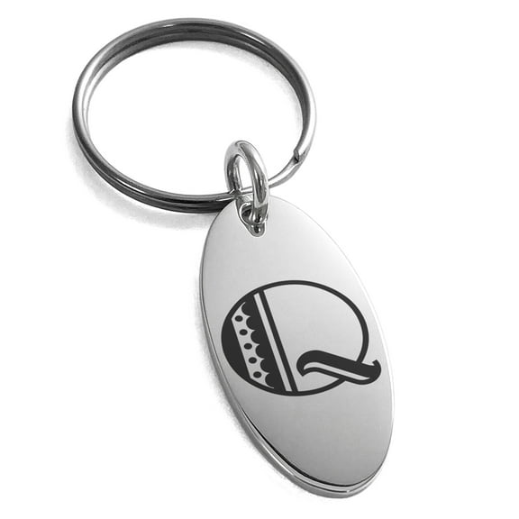Stainless Steel Letter Q Initial Metro Retro Monogram Engraved Small Oval Charm Keychain Keyring