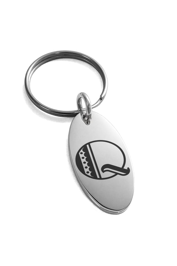 Stainless Steel Letter Q Initial Metro Retro Monogram Engraved Small Oval Charm Keychain Keyring
