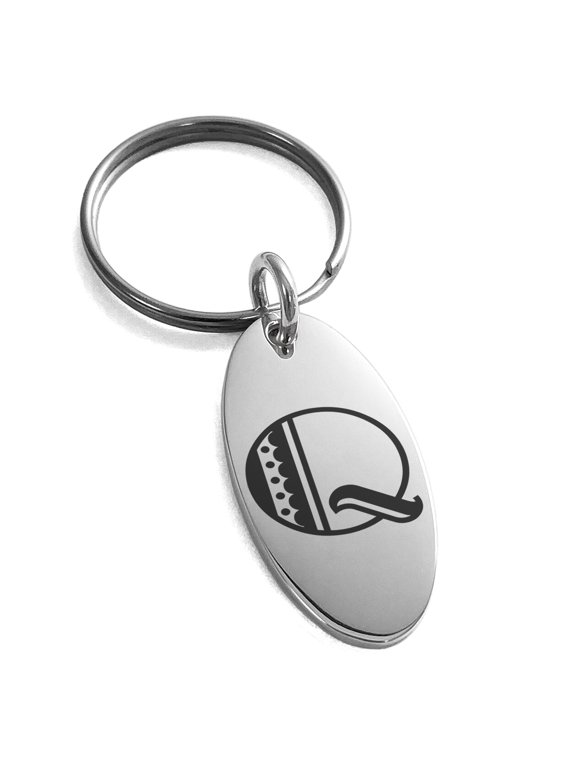 Stainless Steel Letter Q Initial Metro Retro Monogram Engraved Small Oval Charm Keychain Keyring