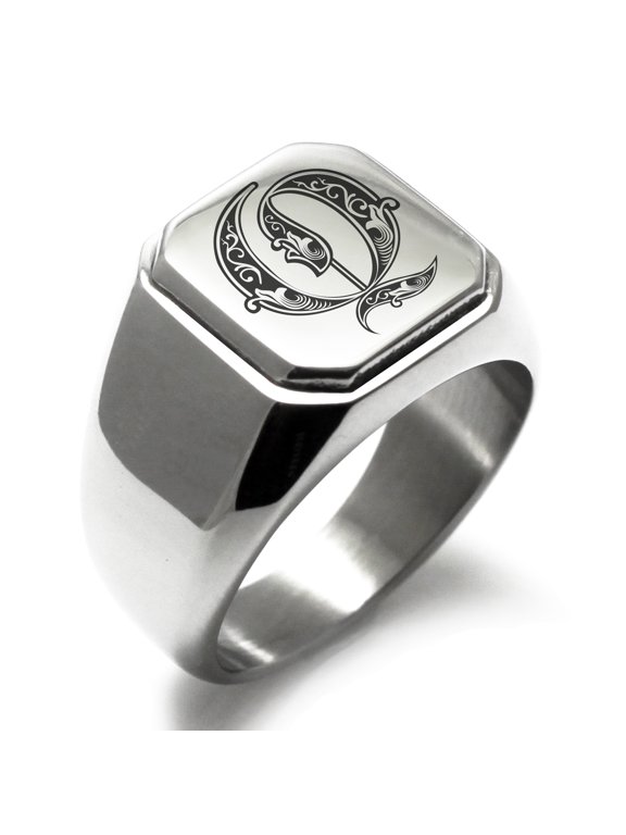 Stainless Steel Letter Q Initial Royal Monogram Engraved Engraved Square Flat Top Biker Style Polished Signet Ring