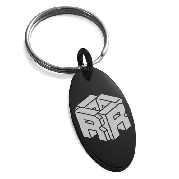 Stainless Steel Letter R Initial 3D Cube Box Monogram Engraved Small Oval Charm Keychain Keyring