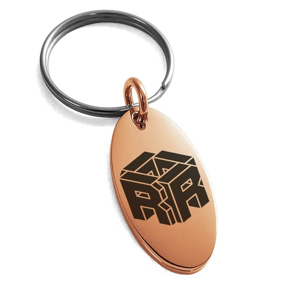 Stainless Steel Letter R Initial 3D Cube Box Monogram Engraved Small Oval Charm Keychain Keyring
