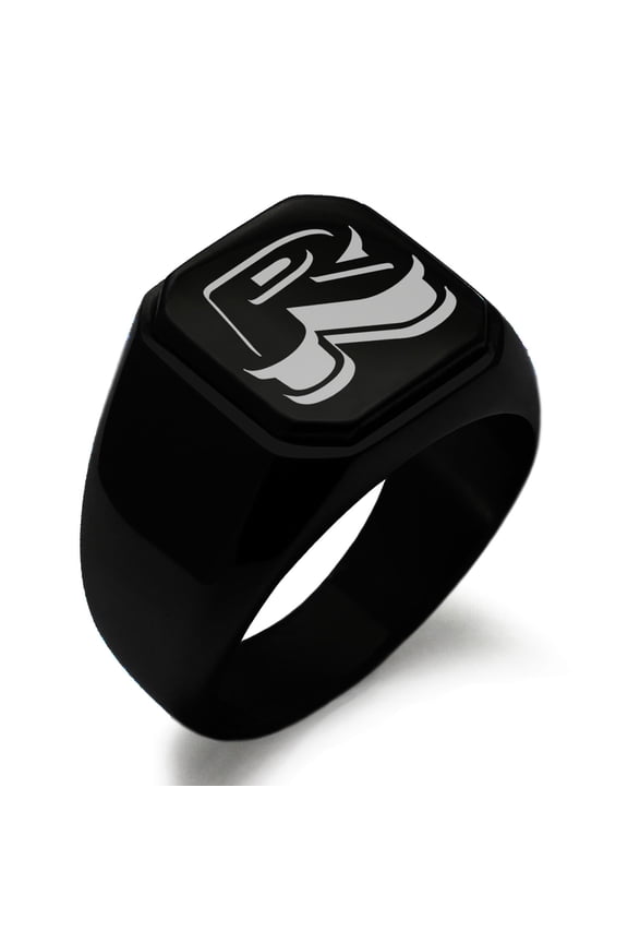 Stainless Steel Letter R Initial 3D Monogram Engraved Engraved Square Flat Top Biker Style Polished Signet Ring