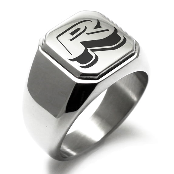 Stainless Steel Letter R Initial 3D Monogram Engraved Engraved Square Flat Top Biker Style Polished Signet Ring