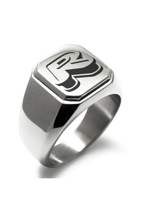 Stainless Steel Letter R Initial 3D Monogram Engraved Engraved Square Flat Top Biker Style Polished Signet Ring
