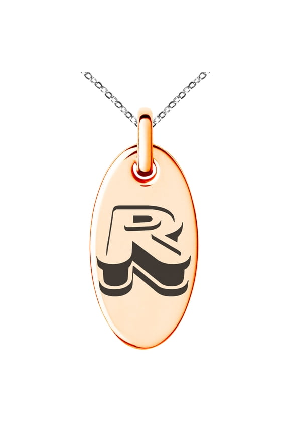 Stainless Steel Letter R Initial 3D Monogram Engraved Small Oval Charm Pendant Necklace