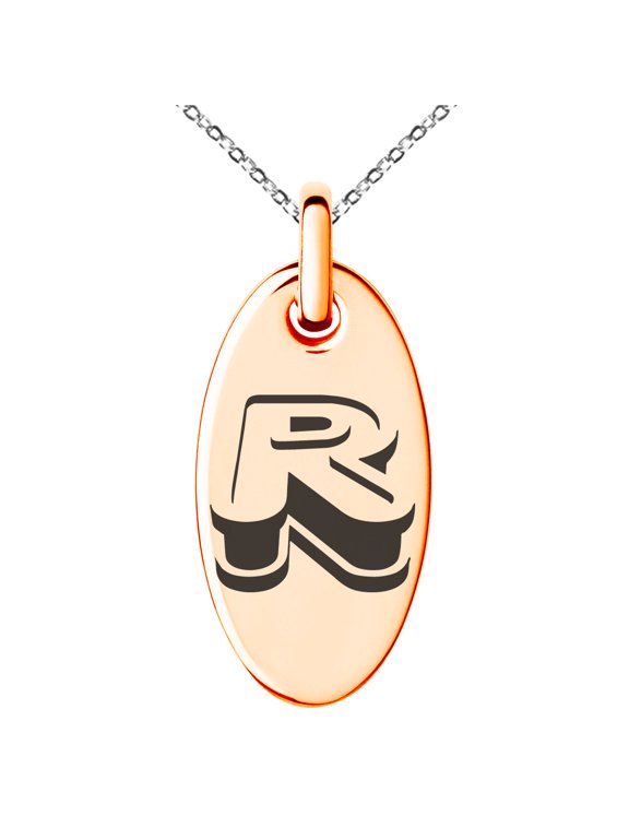 Stainless Steel Letter R Initial 3D Monogram Engraved Small Oval Charm Pendant Necklace