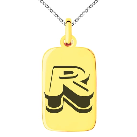 Stainless Steel Letter R Initial 3D Monogram Engraved Small Rectangle Dog Tag Charm Pendant Necklace