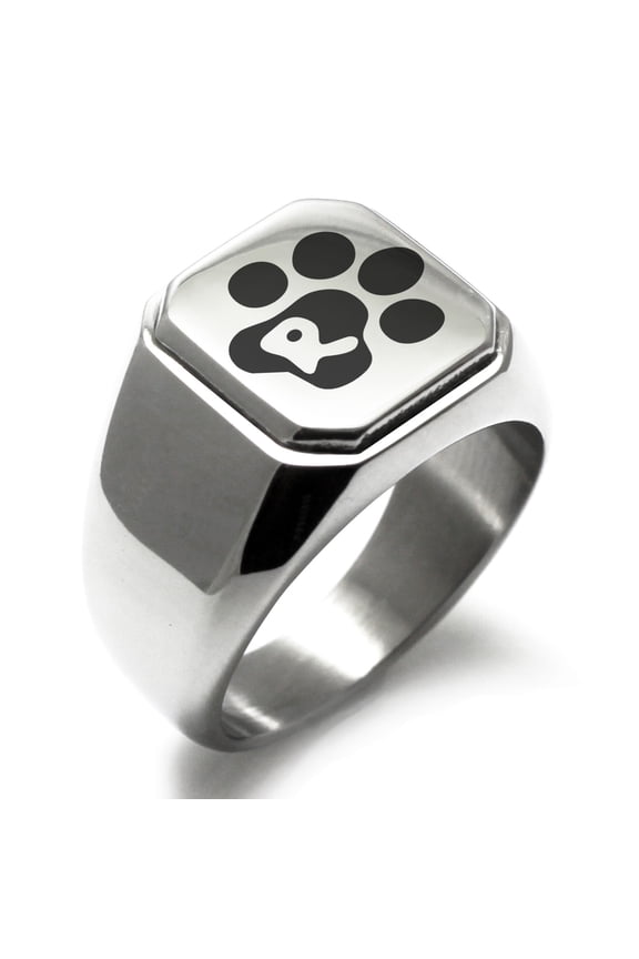 Stainless Steel Letter R Initial Cat Dog Paws Monogram Engraved Engraved Square Flat Top Biker Style Polished Signet Ring