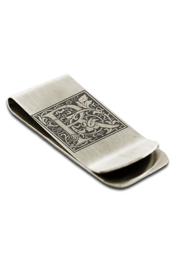 Stainless Steel Letter R Initial Floral Box Monogram Engraved Engraved Money Clip Credit Card Holder