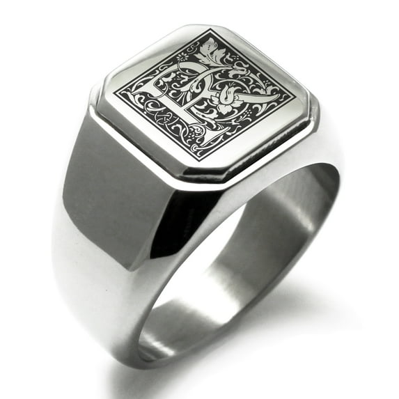 Stainless Steel Letter R Initial Floral Box Monogram Engraved Engraved Square Flat Top Biker Style Polished Signet Ring