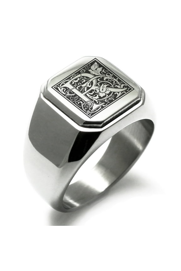 Stainless Steel Letter R Initial Floral Box Monogram Engraved Engraved Square Flat Top Biker Style Polished Signet Ring