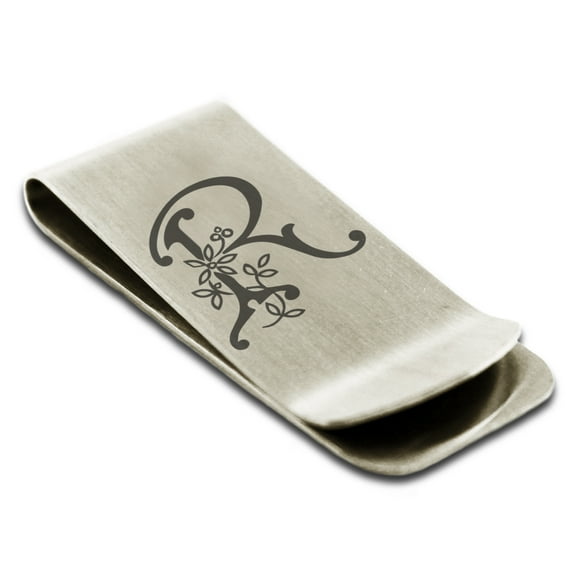 Stainless Steel Letter R Initial Floral Monogram Engraved Engraved Money Clip Credit Card Holder