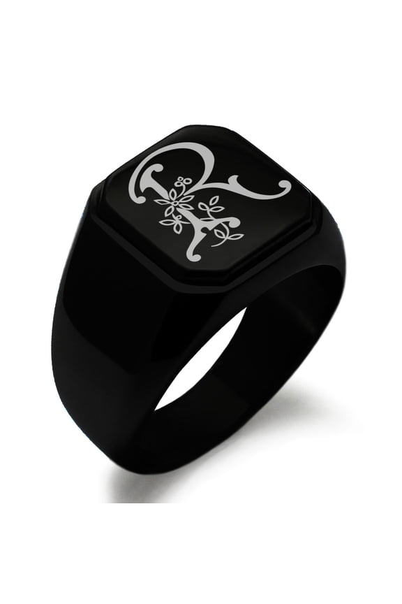 Stainless Steel Letter R Initial Floral Monogram Engraved Engraved Square Flat Top Biker Style Polished Signet Ring