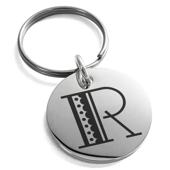 Stainless Steel Letter R Initial Metro Retro Monogram Engraved Small Medallion Circle Charm Keychain Keyring