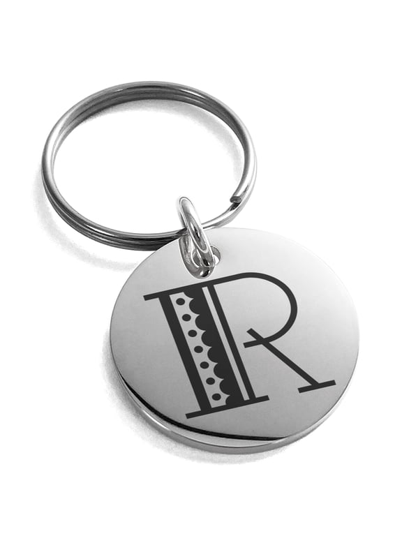 Stainless Steel Letter R Initial Metro Retro Monogram Engraved Small Medallion Circle Charm Keychain Keyring