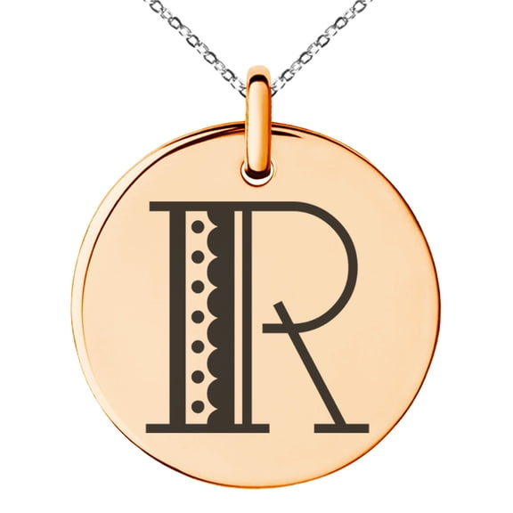 Stainless Steel Letter R Initial Metro Retro Monogram Engraved Small Medallion Circle Charm Pendant Necklace